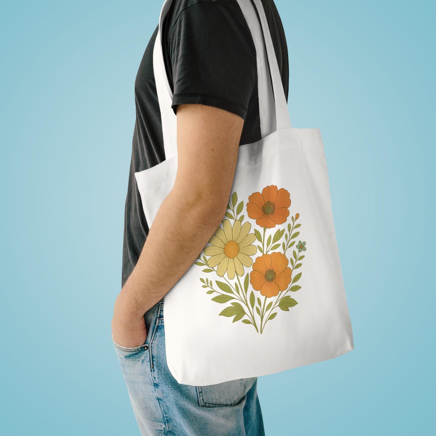 Floral Cotton Tote Bag, Eco-Friendly Shopping Bag, Reusable Grocery Tote, Gift for Plant Lovers, Boho Tote for Everyday Use