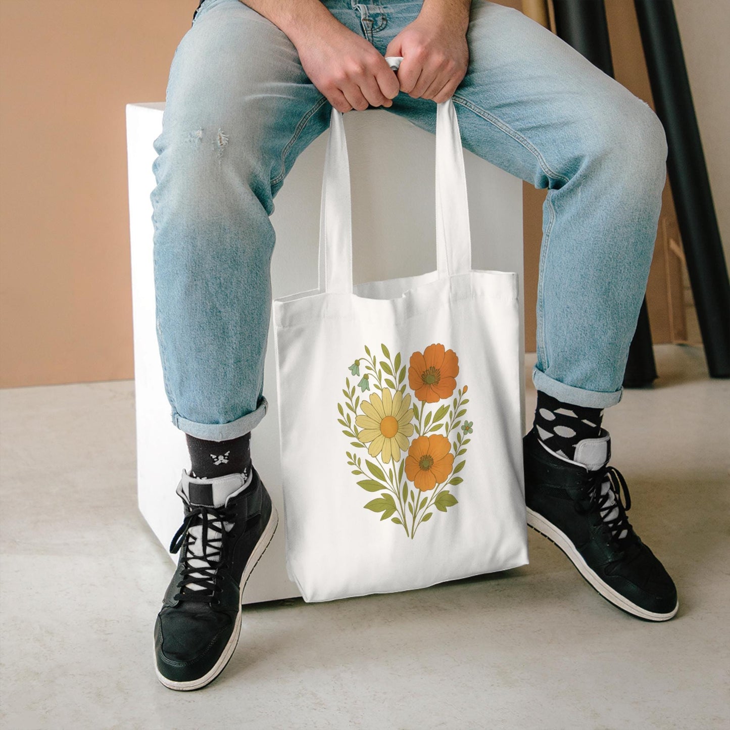 Floral Cotton Tote Bag, Eco-Friendly Shopping Bag, Reusable Grocery Tote, Gift for Plant Lovers, Boho Tote for Everyday Use